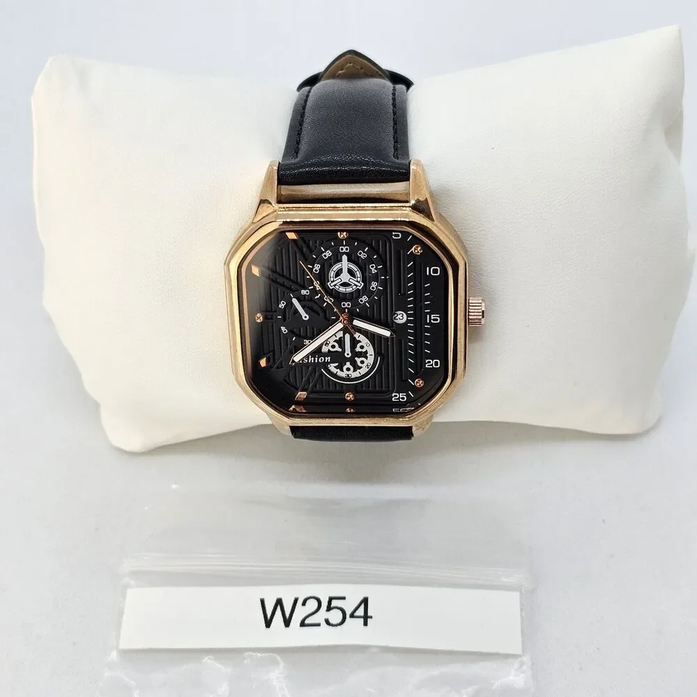 Men's Watch 42MM Black Dial‎ Gold Case Black Leather Band Straps Date Indicator